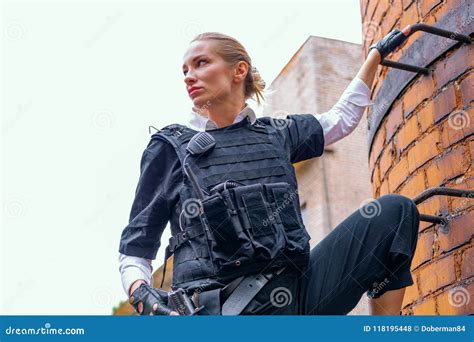 Powerful Woman Holding Gun War Action Movie Style Stock Photo Image