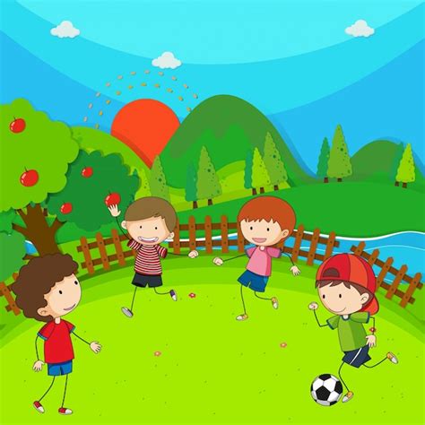 Four Children Playing Football In The Park Free Vector