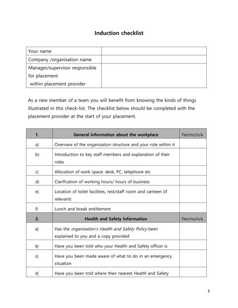 Placement Student Induction Checklist