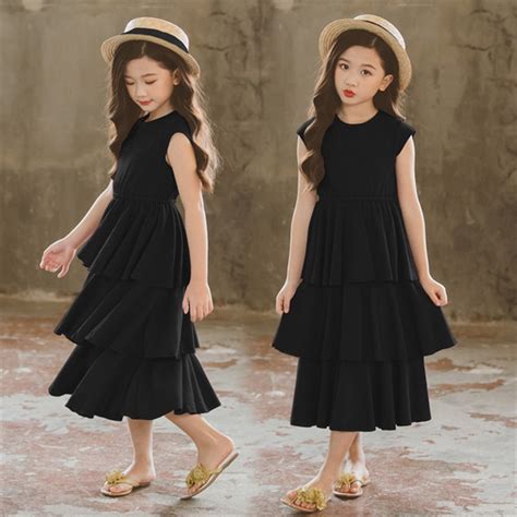 Black 3 Layer Cake Dress For Girls Summer Elegant Princess Teens Girl