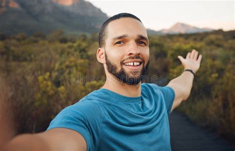 Fitness Running And Man Taking A Selfie On Mountain During Outdoor Run