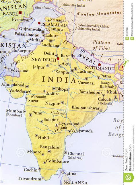 Geographic Map Of India With Important Cities Stock Image