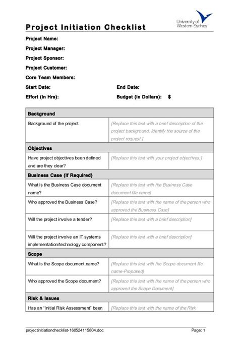 Project Initiation Checklist Template