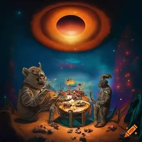 A Surreal Scene Of Astronauts Feasting With Lions In The Cosmos On Craiyon