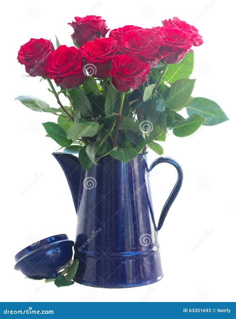 Red Roses In Blue Pot Stock Image Image Of T Bunch 63351693