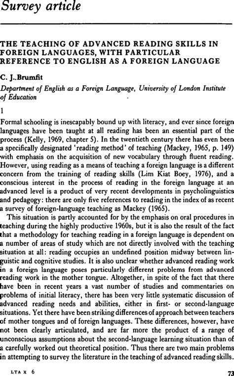 The Teaching Of Advanced Reading Skills In Foreign Languages With