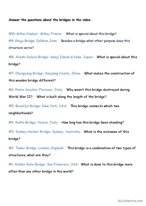 Top 10 Greatest Bridges Class English Esl Worksheets Pdf And Doc