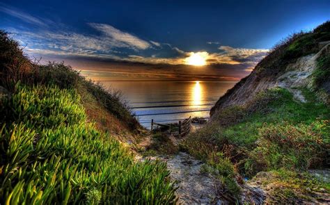 Nature Landscape Path Beach Sea Sunset Shrubs Sky Clouds Wallpapers Hd Desktop And