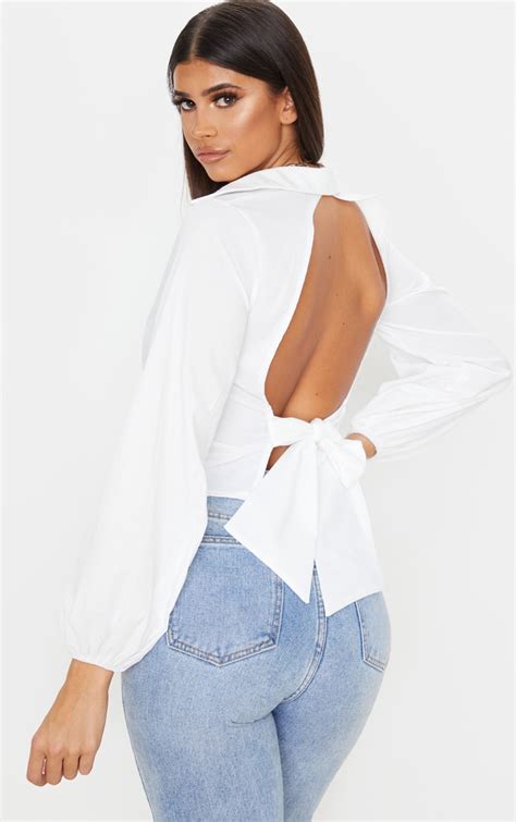 White Woven Open Back Tie Shirt Tops Prettylittlething