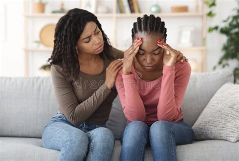 Black Girl Comforting Her Sad Friend Home Interior Stock Photo Image