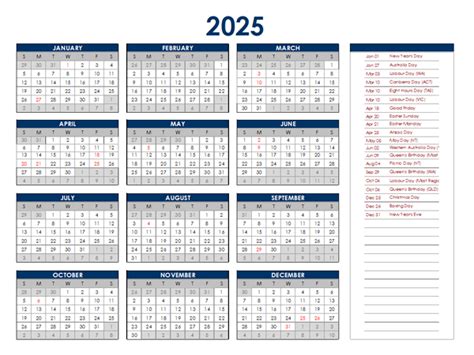 2025 Australia Annual Calendar with Holidays - Free Printable Templates