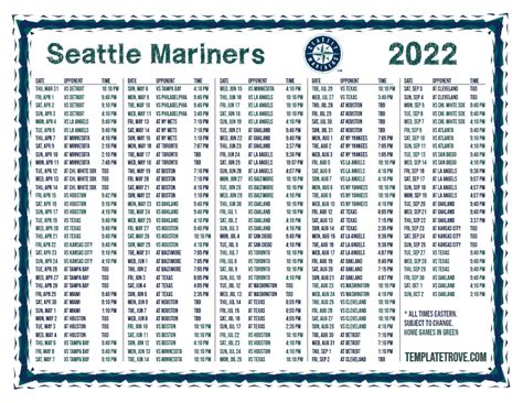 Printable 2022 Seattle Mariners Schedule