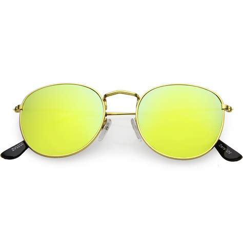 Retro Metal Frame Thin Temples Colored Mirror Lens Round Sunglasses 50mm Gold Yellow Mirror
