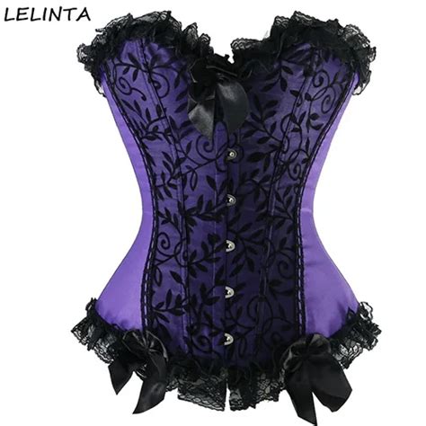 Sexy Lingerie Satin Corset Purple Corsets And Bustiers Top Floral Lace