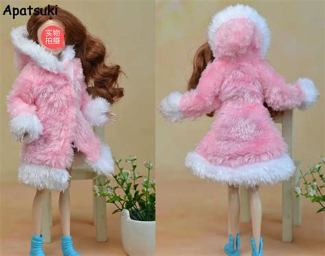 pink and white winter warm fur coat dresses clothes for barbie dolls fur