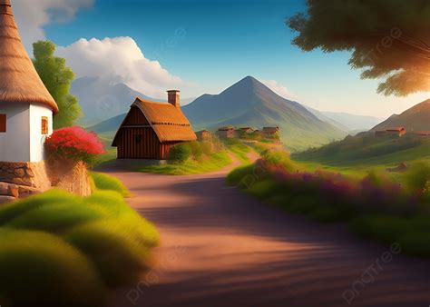Village Beautiful Scenery With Colorful Background Ai Artwork Village