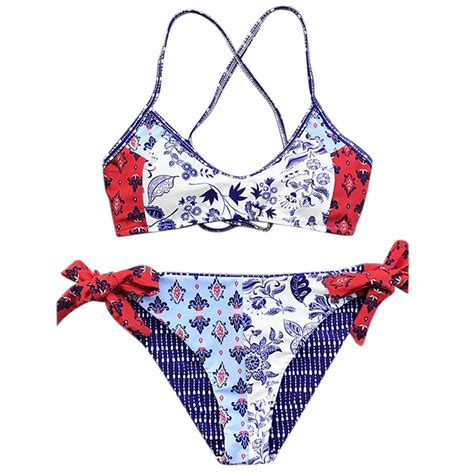 Womens Swimming Suit Swimsuit Bather Women Bikini Set Swimwear Push Up Padded Print Bra