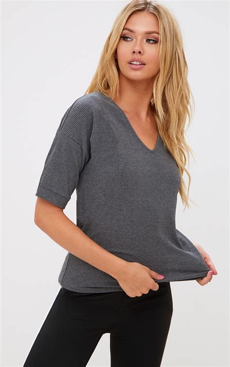 Grey Ribbed Oversized T Shirt Tops Prettylittlething