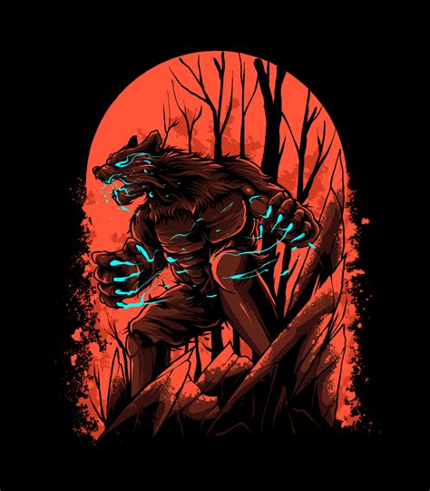 Angry Werewolf On Red Blood Moon Illustration 3521522 Vector Art At