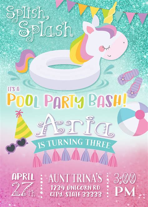 Unicorn Pool Party Customizable Birthday Invitation Digital Printable 5x7 Etsy