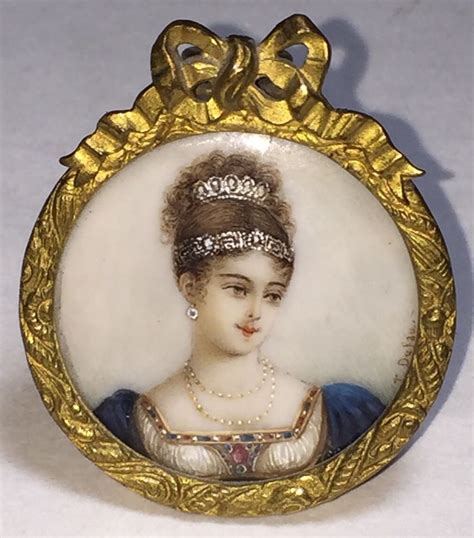 Antique French Miniature Portrait Caroline Bonaparte Signed Dufau Gilt