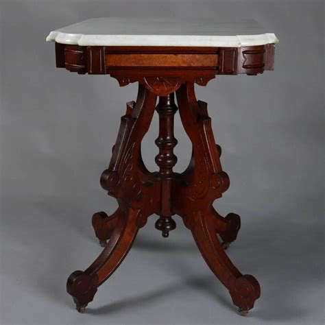 Art deco traditional modern style bedside made of marble and brass with white linen fabric shade for living room, bedroom study table lamp. Antique Eastlake Marble Top Incised Walnut Side Table ...