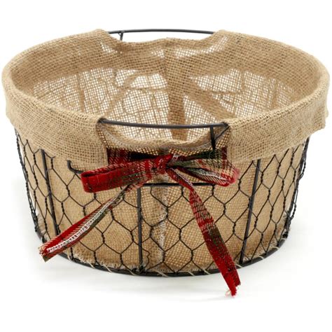 Holiday Time 10 Inch Round Burlap Lined Metal Wire Basket