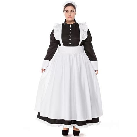 Victorian Maid Costume Servant Black White Maxi Dress For Women Housekeeper Pearl Thread Uniform
