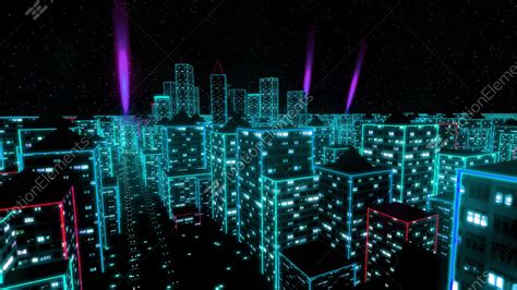 Neon City Fly Over Urban Skyscraper Glow Computer Tron Matrix 4k Stock