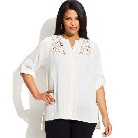 Calvin Klein Plus Size Threequartersleeve Lace Blouse In White Lyst