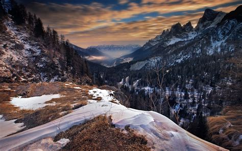 Nature Landscape Italy Mountain Sunrise Mist Forest Clouds Fall Snow Valley Long