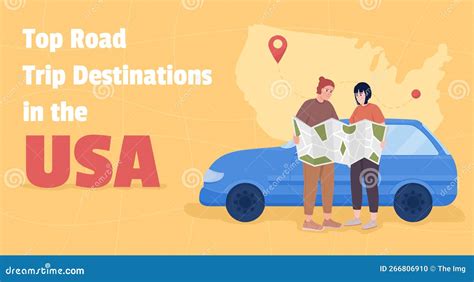 Top Road Trip Destinations in USA Flat Vector Banner Template Stock