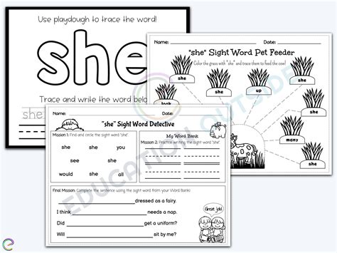 Sight Word Worksheet She Sight Word Sight Word Printable Learning