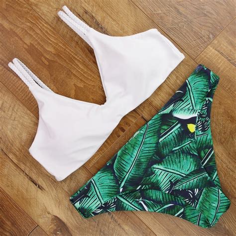 Sexy Halter Bandage Swimsuit Bikinis 2018 Leaf Printed Swimwear Women