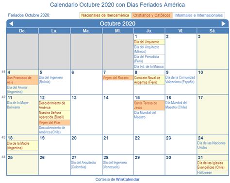 Calendario Octubre 2020 Para Imprimir América