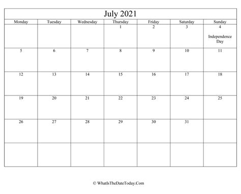 July 2021 Editable Calendar Whatisthedatetodaycom