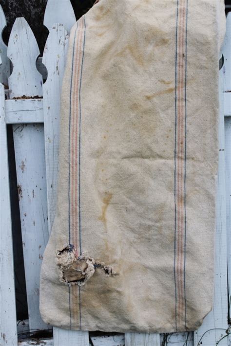 Rustic Vintage Cotton Grain Sacks Blue Red Stripe Feed Bags Primitive