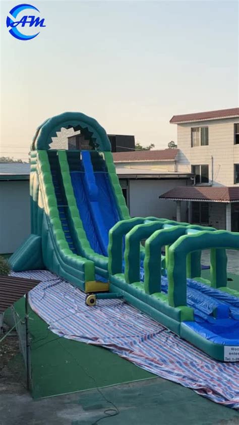 Commercial Used 32 Ft Tall Inflatable Double Lane Water Slide With Pool