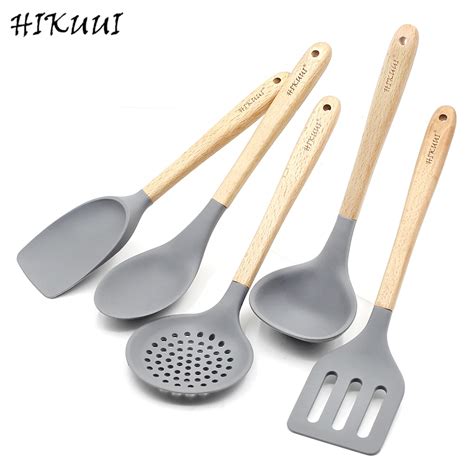 Wooden Handle Utensil Set 5pcs Cookware Food Grade Silicone Kitchen