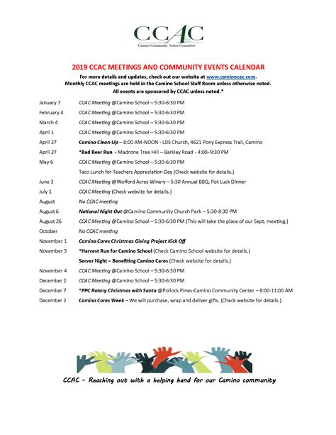 Ccac Calendar 2019 Ccac Working Together For Camino