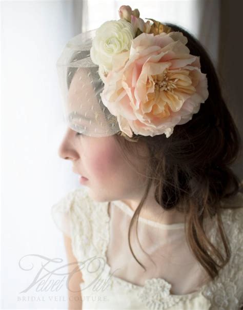 Bridal Wedding Hat Ivory Blush Pink Gold Birdcage Veil Silk Flowers