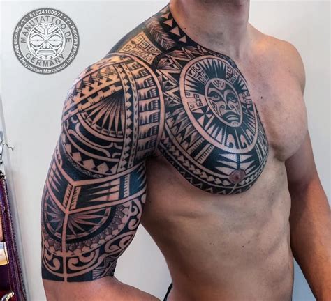 Polynesian tribal art tattoos on bicep. Polynesian chest and arm sleeve. | Tribal chest tattoos ...