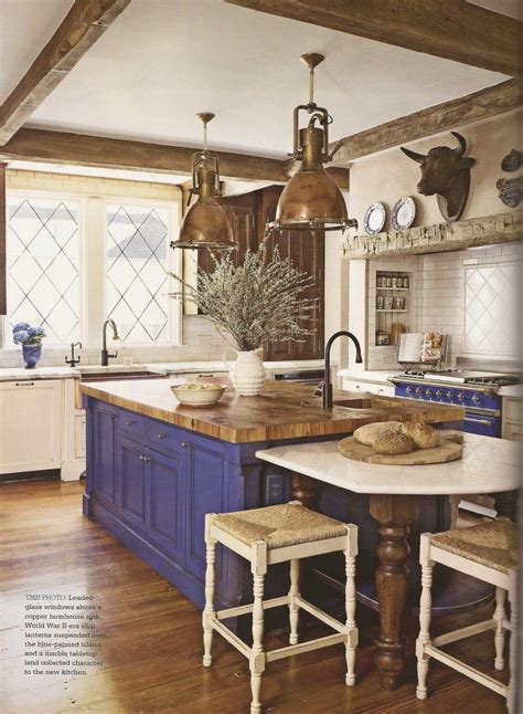Blue Island And Oven In French Country Kitchen Country Kitchen