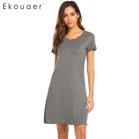 Ekouaer Short Sleeve Nighties Nightgown Women Casual Sleepwear O Neck Ruffle Loose Nightwear