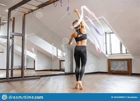 woman practising rhythmic gymnastics indoors stock image image of gymnastics ribbon 203448893