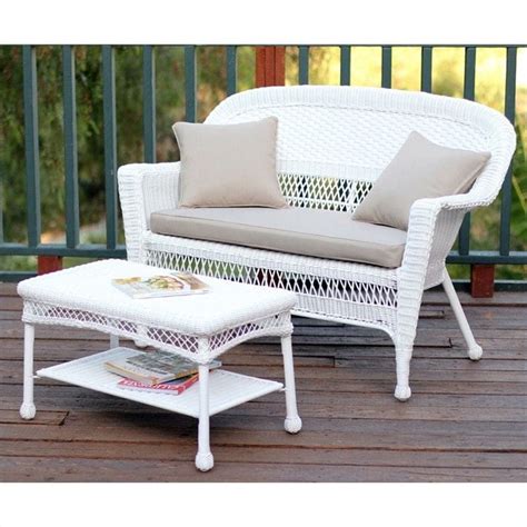 Jeco Wicker Patio Love Seat And Coffee Table Set In White With Tan
