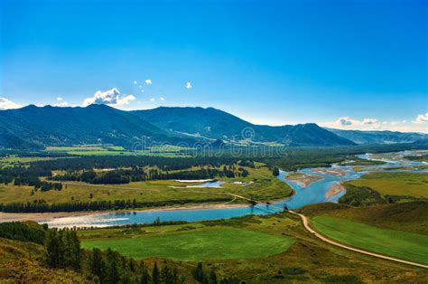 View Of The Bridge And The Mountain Valley And Blue River Stock Photo