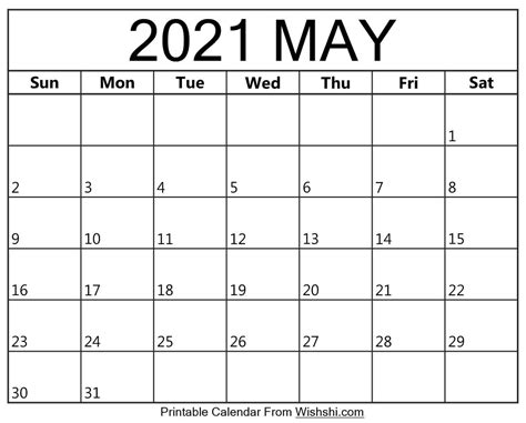 Printable May Calendar 2021 Free Printable Calendar Monthly