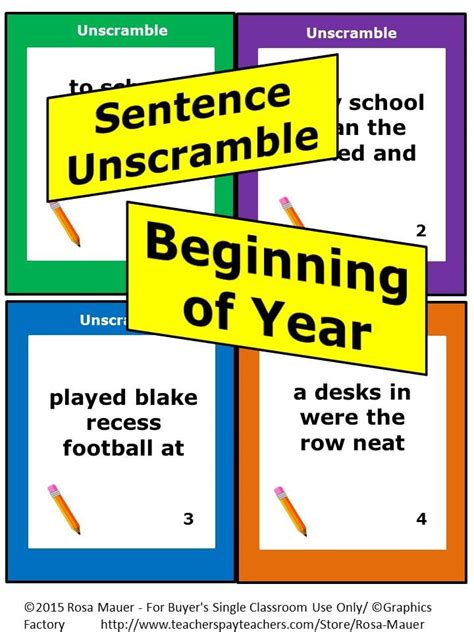 Beginning Of Year Sentence Unscramble Task Cards And Worksheet Set