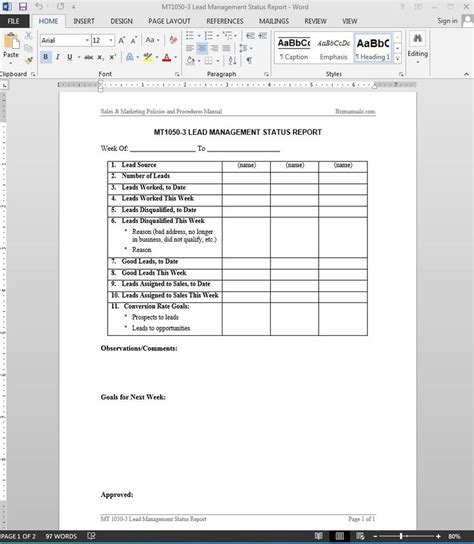 Lead Management Status Report Template Mt1050 3 With Sales Lead